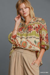 Chic Plus Size Yellow Green Border Print Blouse, Blouses, $ 61.00, A Moment Of Now™